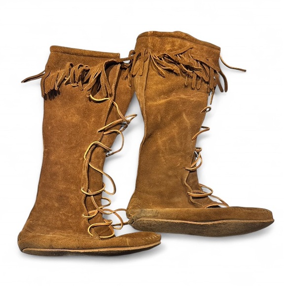 Vintage 60s/70s brown leather suede fringe moccasins boots Size: 9.5 - Picture 1 of 7